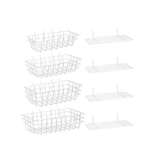 Four white wire baskets and four shelves