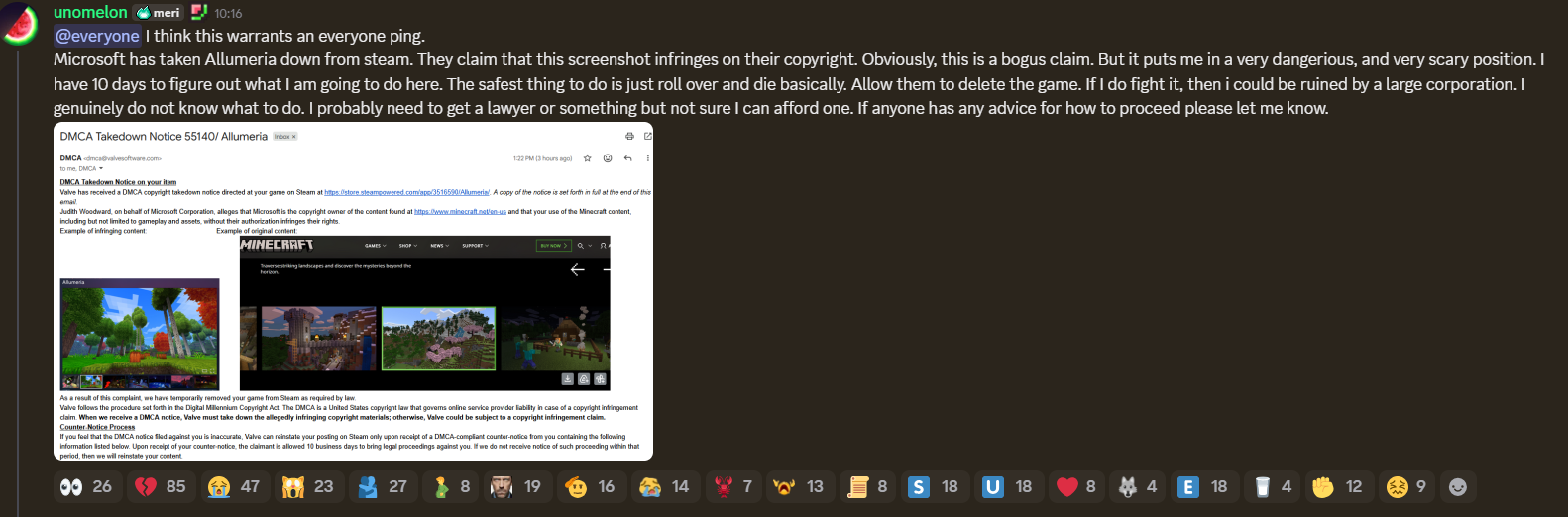 Screenshot from the Developer of Allumeria on Discord stating that game had received a DMCA strike from Microsoft.