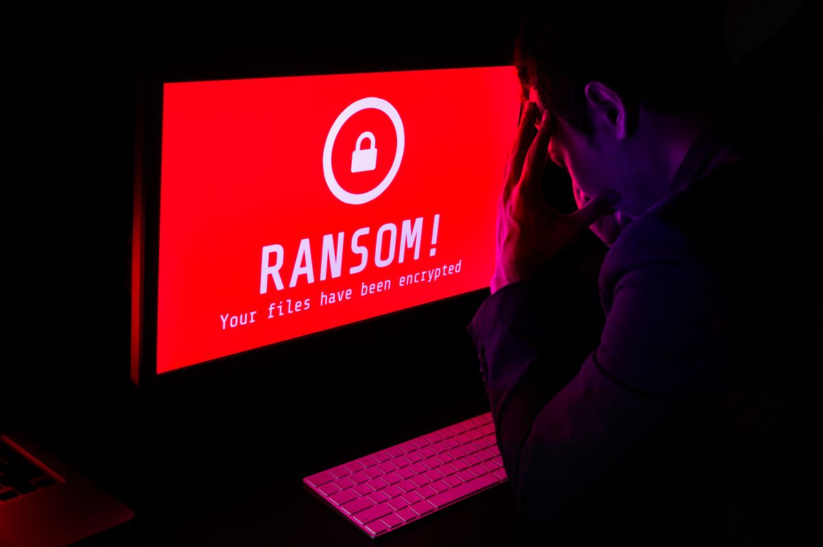 Red computer screen with &amp;quot;RANSOM!&amp;quot; on it