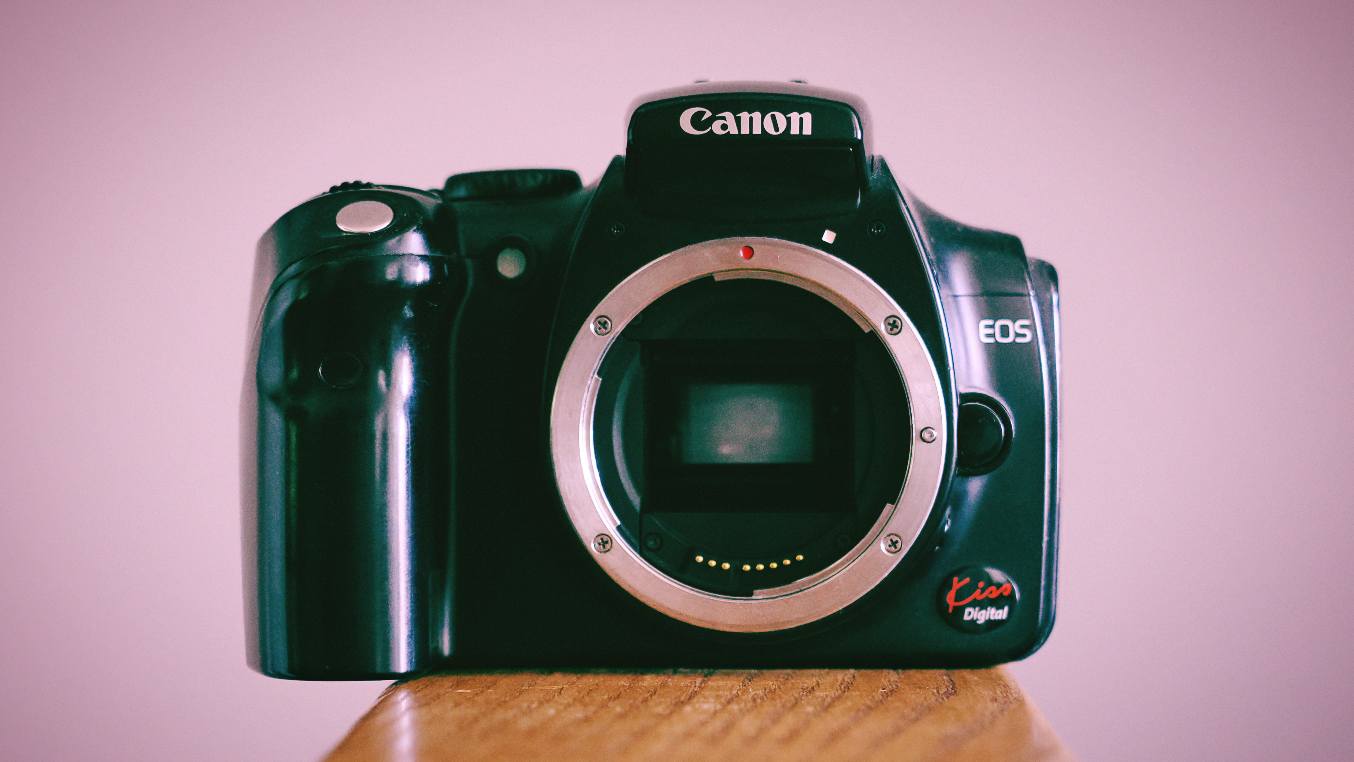Canon EOS Kiss Digital sitting on a wooden surface