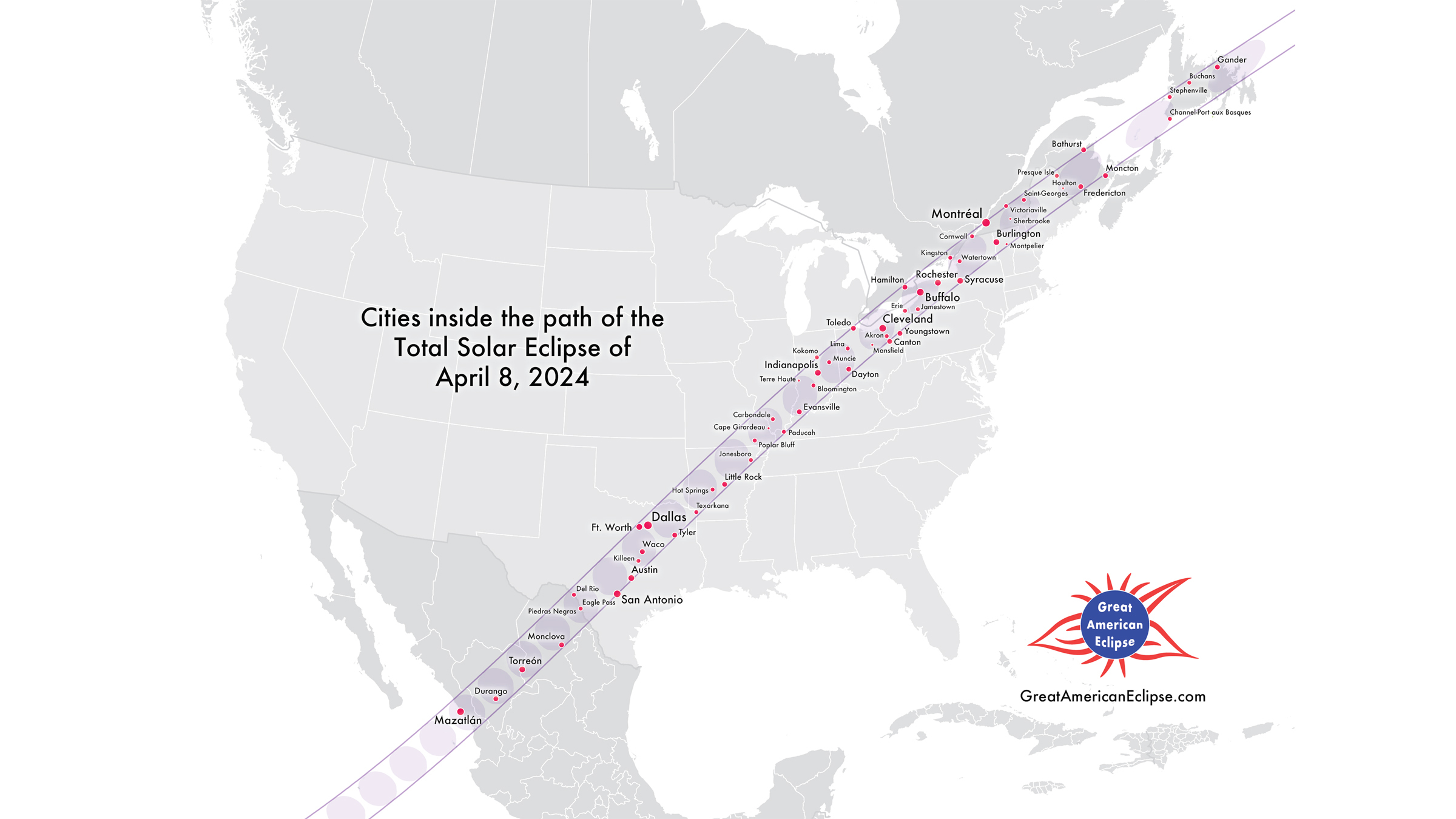 This map shows the major cities that will experience the total solar eclipse's path of totality.