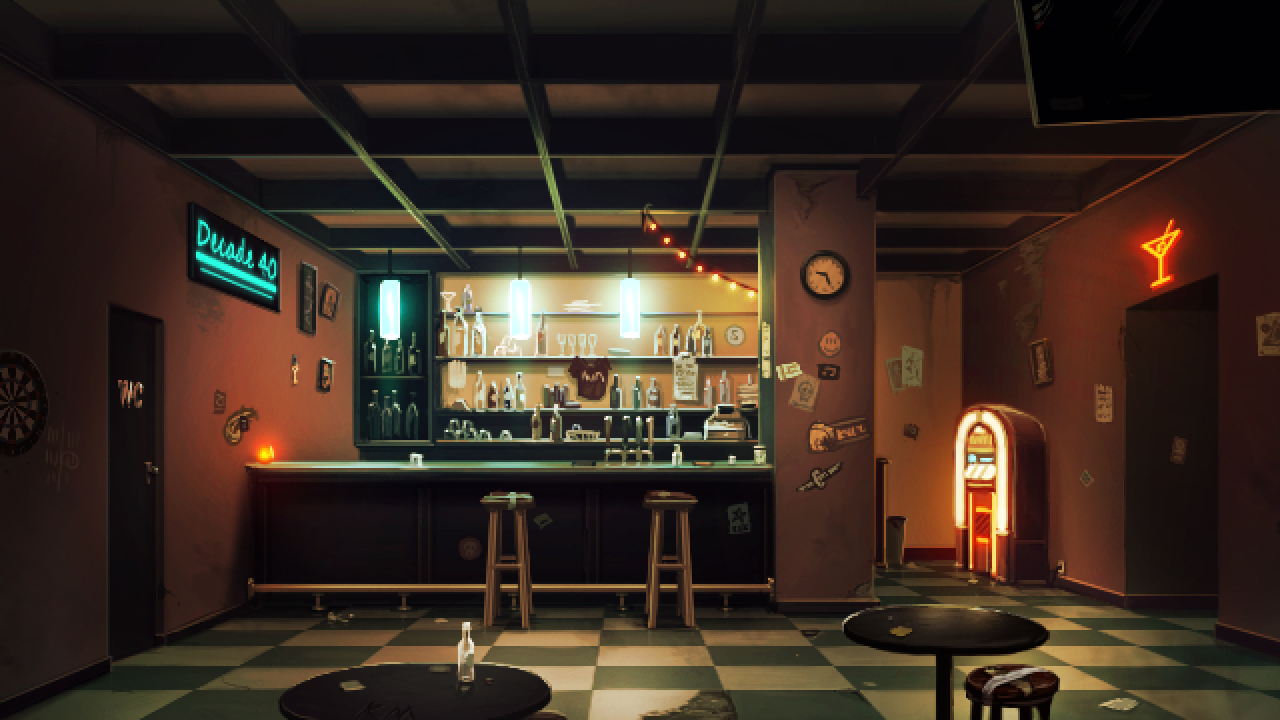 Unavowed - A small empty bar with two stools and a jukebox.
