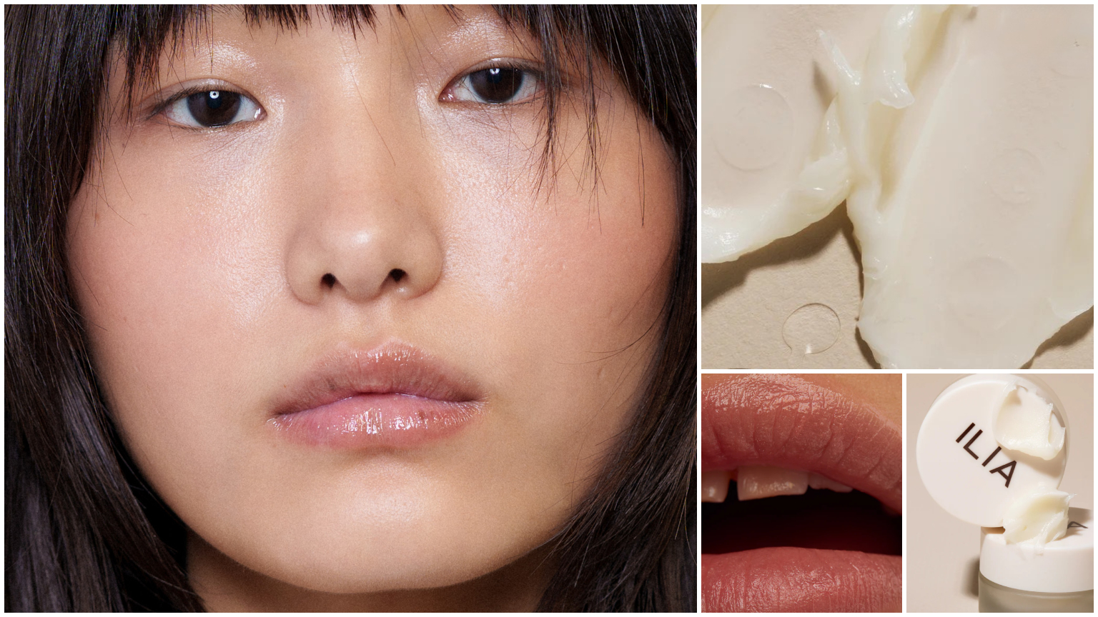 Two models with moisturized lips bookending two lip masks