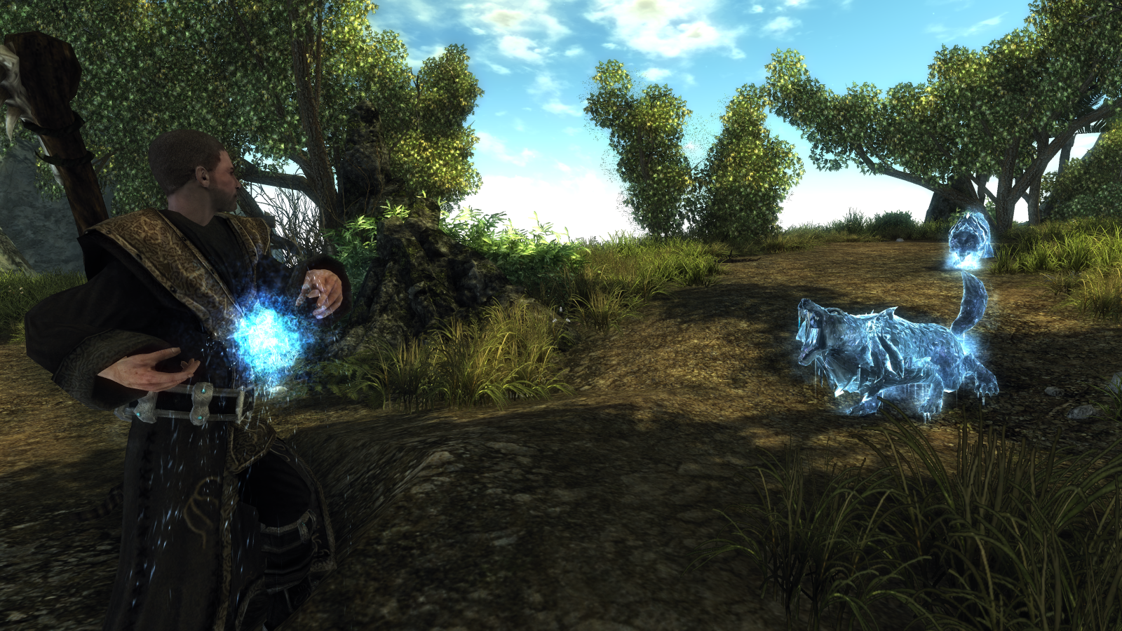 A screenshot of Risen, in which the hero is casting a spell at an enemy.