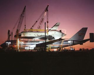 The space shuttle Enterprise arrives at Marshall Space Flight Center for the first test of all shuttle components together. 