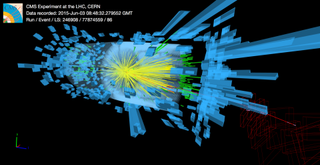 One of the first recorded particle collisions at an energy of 13 trillion electron volts, (tera-electronvolts or TeV), recorded by the CMS experiment on the LHC.