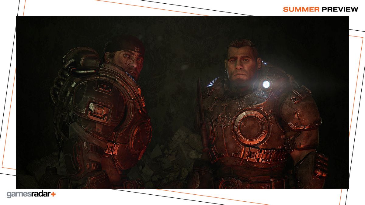 Marcus and Dom look battered in a screenshot from the Gears of War: E-Day trailer, with Gamesradar&#039;s Summer Preview border.