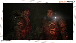 Marcus and Dom look battered in a screenshot from the Gears of War: E-Day trailer, with Gamesradar's Summer Preview border.