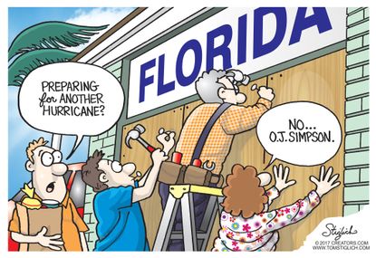 Editorial cartoon U.S. Florida hurricane Irma O.J. Simpson parole
