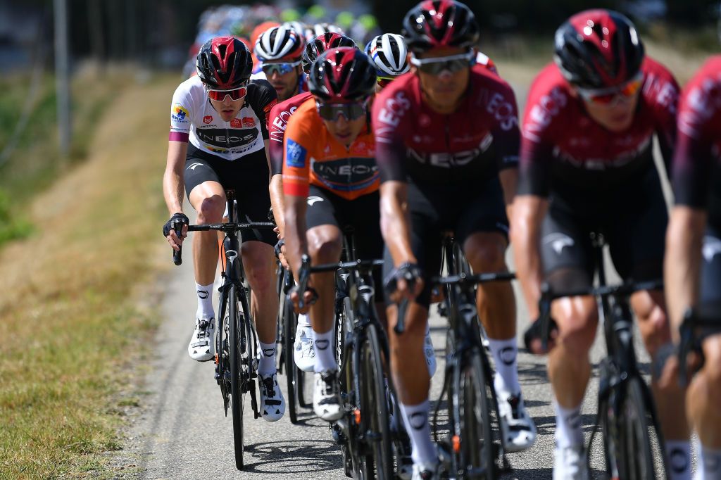 ROCAMADOUR FRANCE AUGUST 04 Pavel Sivakov of Russia and Team Ineos White Best Young Rider Jersey Egan Bernal of Colombia and Team Ineos Orange Leader Jersey during the 44th La Route dOccitanie La Depeche du Midi 2020 Stage 4 a 195km stage from Lectoure to RocamadourCauvaldorLot 295m RouteOccitanie RDO2020 on August 04 2020 in Rocamadour France Photo by Justin SetterfieldGetty Images
