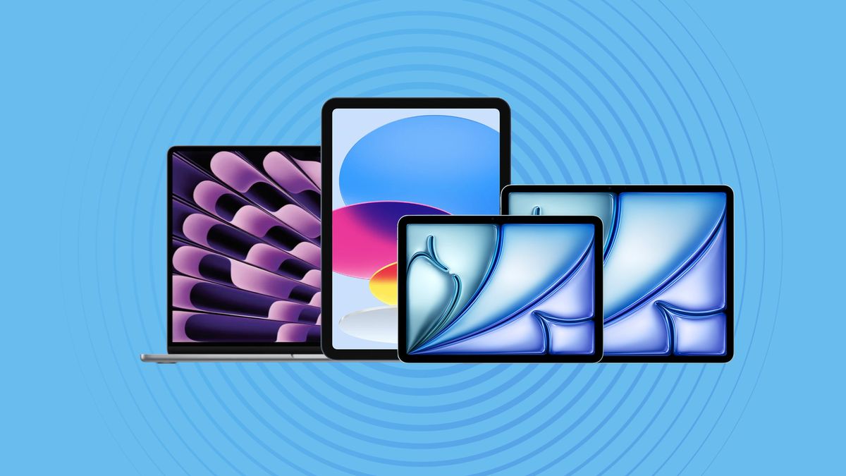 Assorted Apple products on blue background