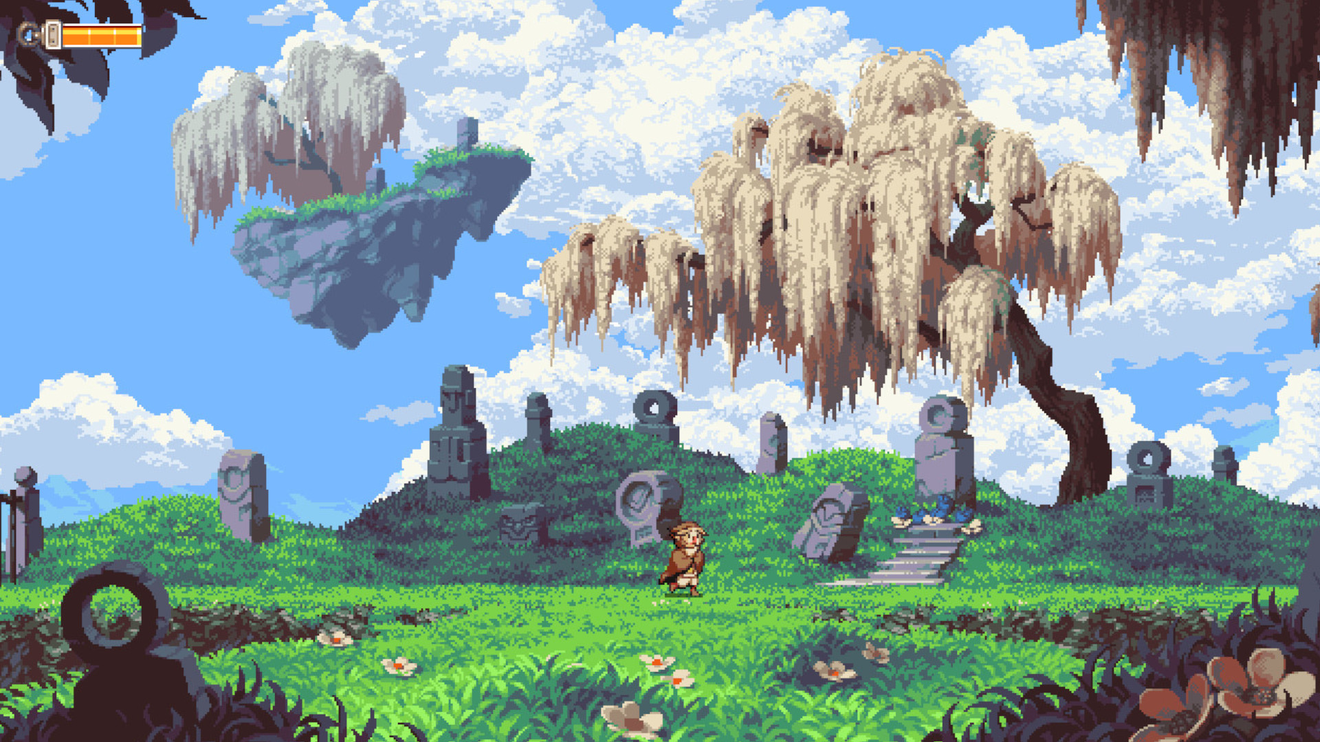A screenshot of Owlboy running across a green field during one of the best metroidvanias, Owlboy