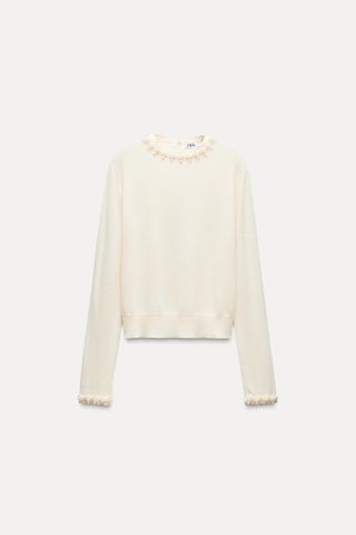 Plain Knit Sweater With Faux Pearls