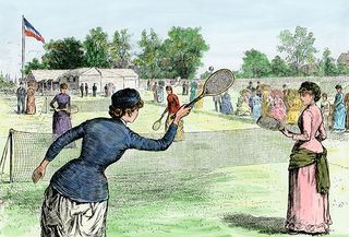 Ladies Lawn Tennis Tournament at the Staten Island Cricket Club, NY, 1870s. Hand-colored woodcut