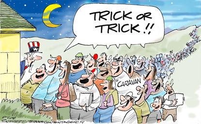 Political cartoon U.S. trick or treat Halloween migrant caravan