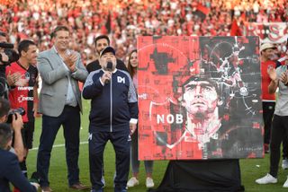 Diego Maradona addresses fans of Newell's Old Boys after receiving a special gift from the supporters in October 2019.