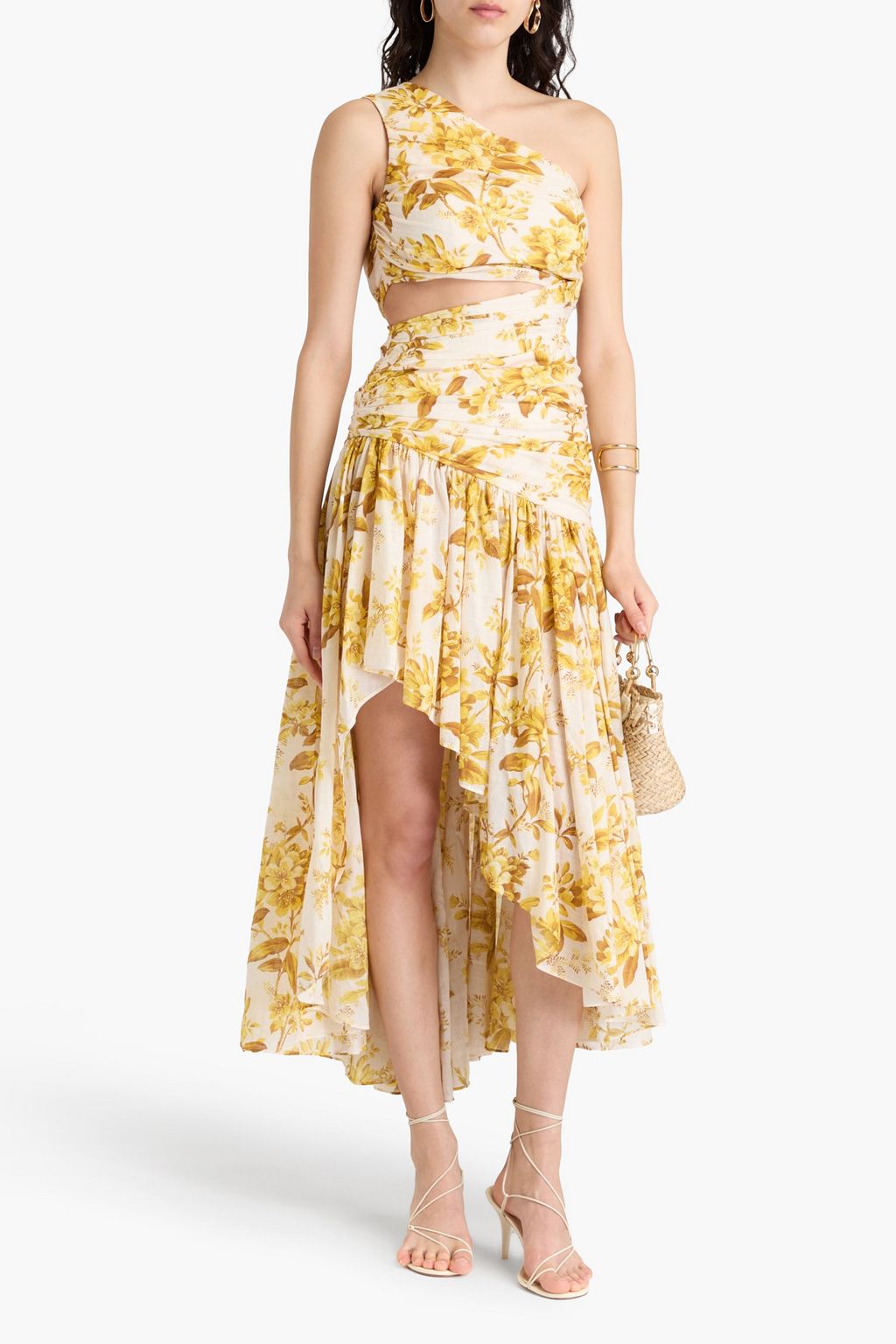 One-Shoulder Asymmetric Floral-Print Cotton Dress