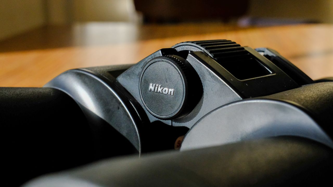 The Nikon logo on the Nikon Action 7x50 binoculars.