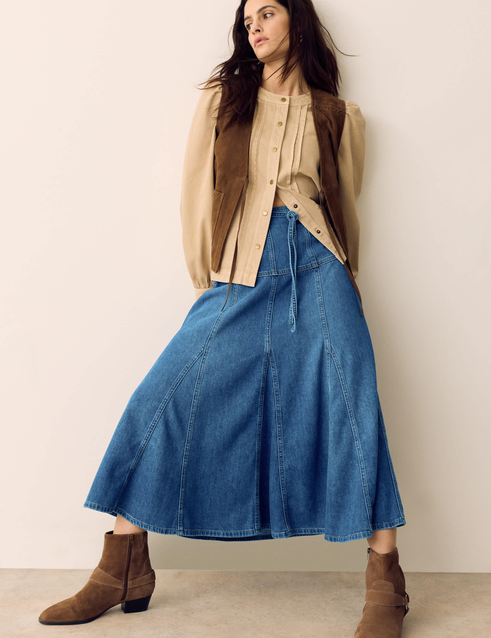 Denim Tie Waist Midi Skirt