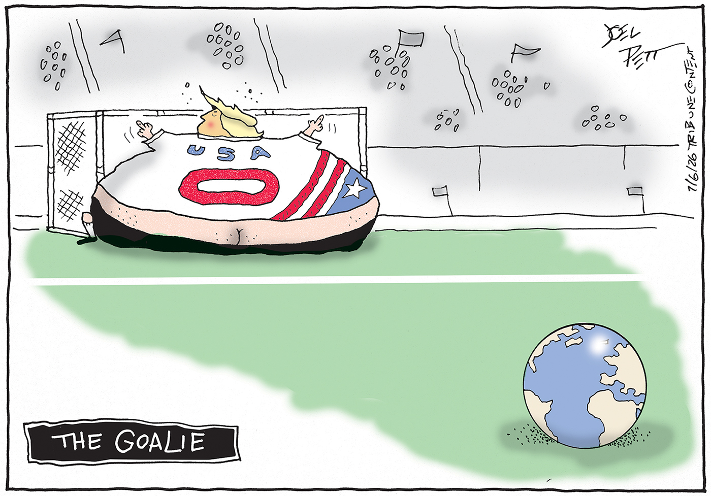 Donald Trump is drawn as a comically fat soccer goalie with his butt crack exposed in this cartoon, titled &amp;ldquo;The Goalie&amp;rdquo;. He wears a USA soccer jersey with the number 0 and he fills the entire goal as he flips the bird with both fingers. Trump has his back turned to the ball, which looks like Earth.