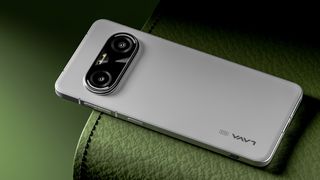 The Lava Agni 4N phone on a colored background