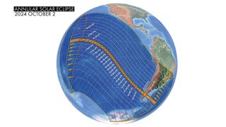 map showing the path of the annular solar eclipse across Earth, only crossing land at south america.