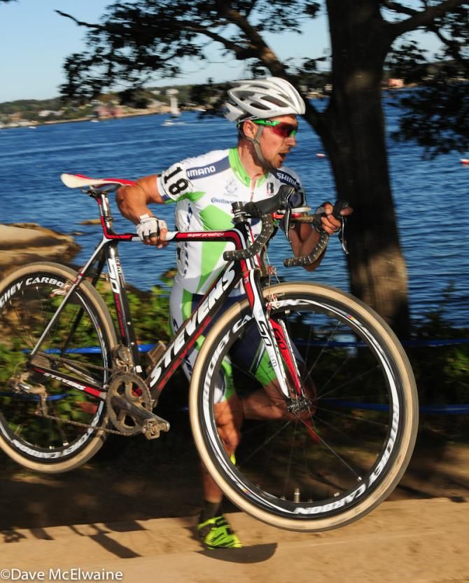 Derrick St. John (Stevens p/b The Cyclery) running a short set of stairs