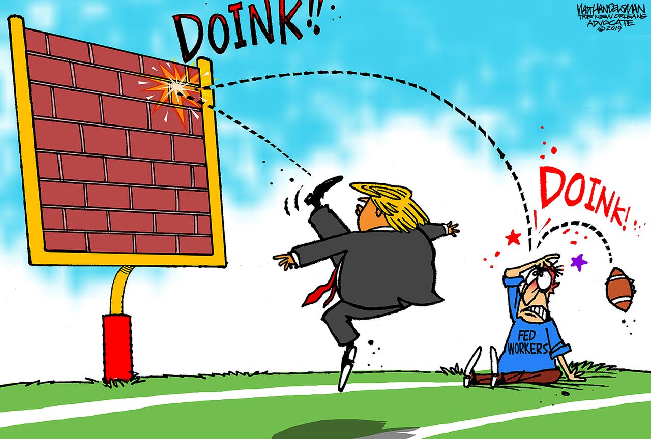 Political cartoon U.S. Trump wall government shutdown federal workers double doink