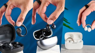 JLab Epic Open Sport, EarFun CLip, Soundcore Aeroclip, photographed on a blue background. 