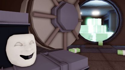 A mask sits in front of an open safe and stacks of cash in Notoriety, a Payday experience