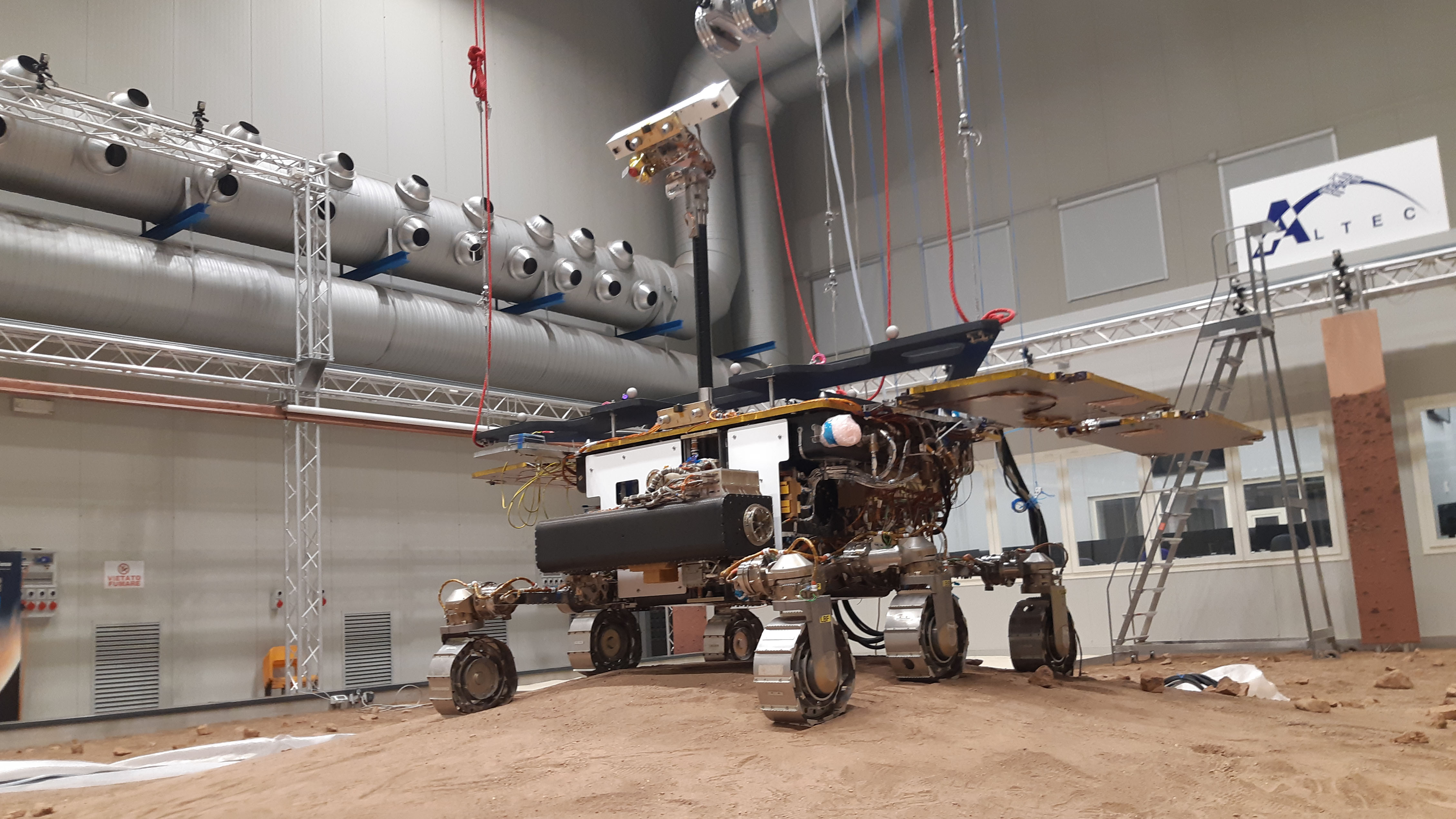 The ground test model of the European ExoMars Rosalind Franklin rover at a Mars yard in Turin, Italy, where it will help operators practice ahead of Rosalind Franklin's arrival to the red planet in 2023.