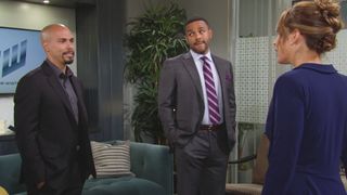 Bryton James, Sean Dominic and Christel Khalil talking in an office in The Young and the Restless