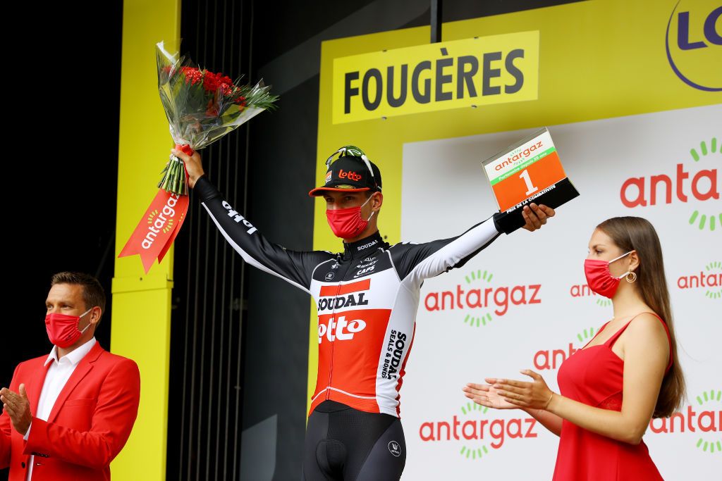FOUGERES FRANCE JUNE 29 Brent Van Moer of Belgium and Team Lotto Soudal Most Combative Rider celebrates at podium during the 108th Tour de France 2021 Stage 4 a 1504km stage from Redon to Fougres Trophy LeTour TDF2021 on June 29 2021 in Fougeres France Photo by Tim de WaeleGetty Images