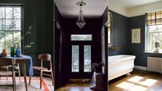 black dining room, black entryway, black bathroom