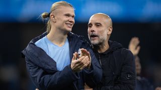 Pep Guardiola embracing Erling Haaland after Man City's Premier League match vs Bournemouth
