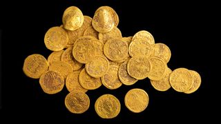 A pile of gold coins discovered in Israel dating to the Byzantine Empire. 