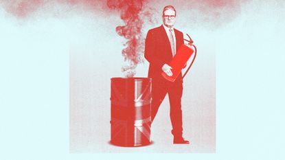 Illustration of Keir Starmer holding a fire extinguisher next to a burning oil drum