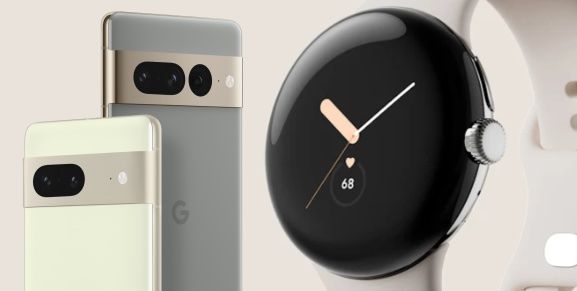 Google Pixel 7 and Pixel 7 Pro next to Google Pixel Watch 