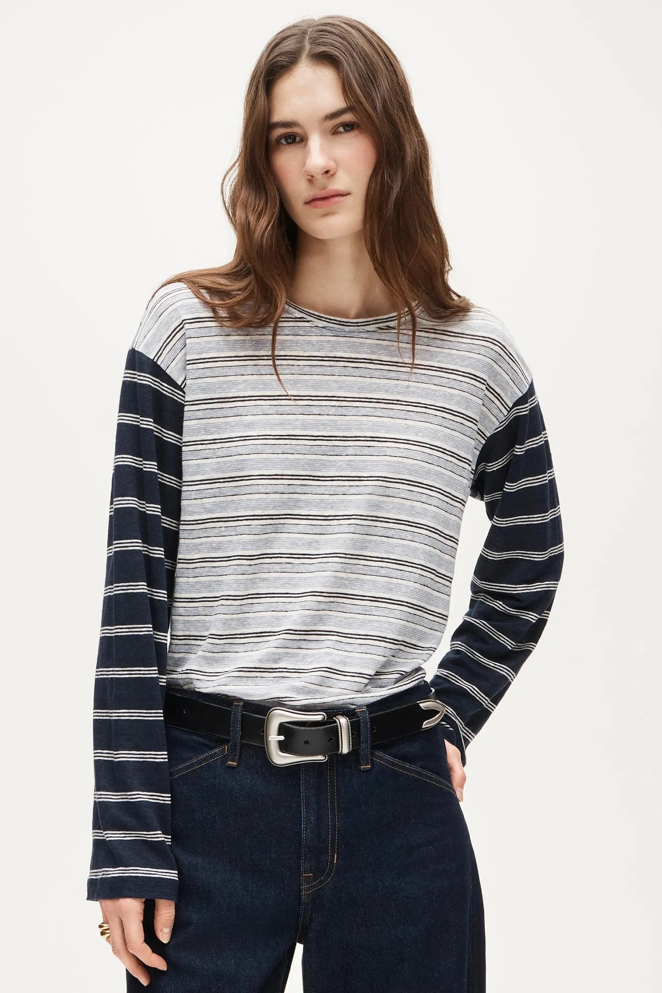New Relaxed Linen Long-Sleeve T-Shirt in Stripe