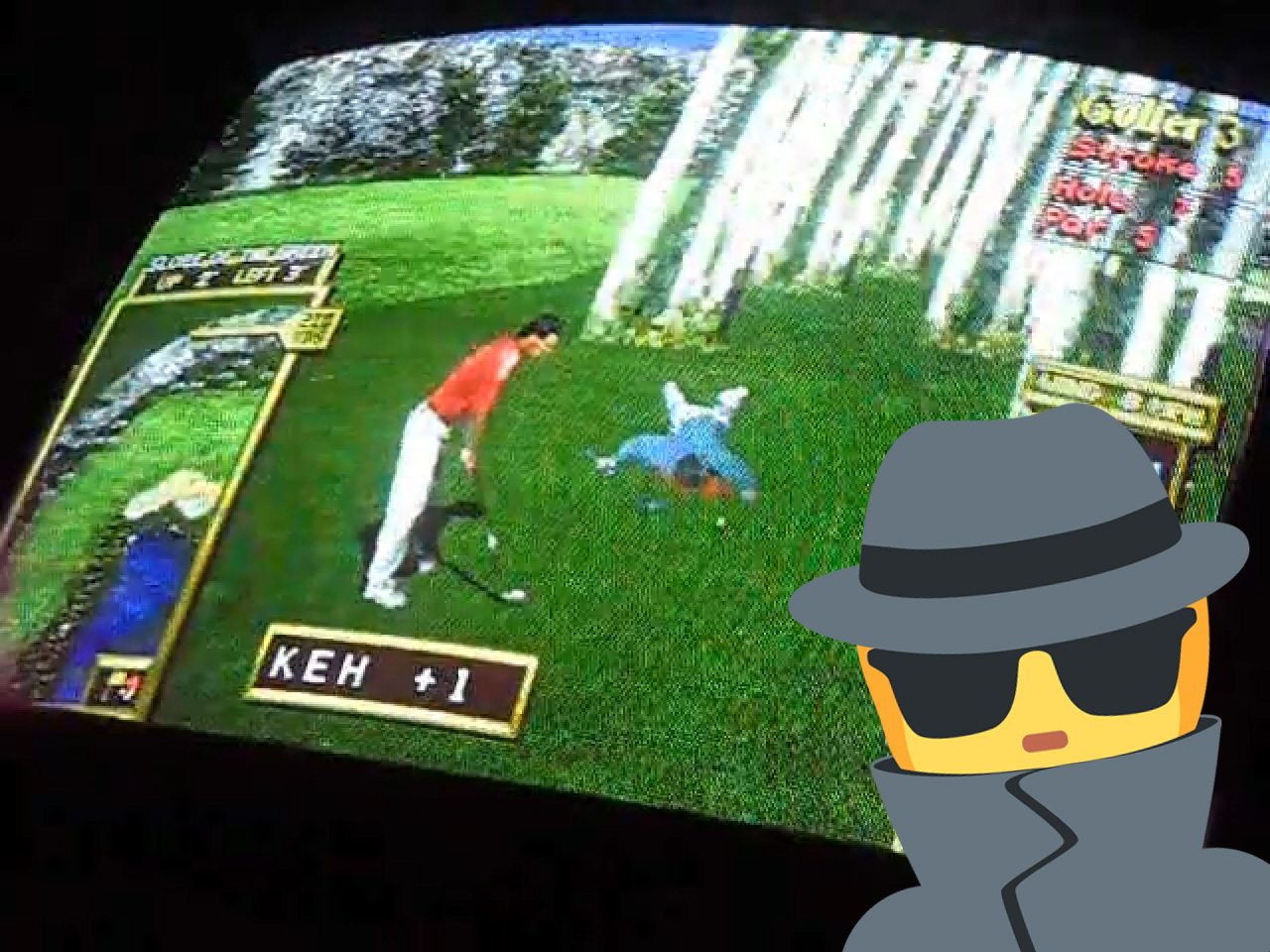 A gumshoe investigates the dead body in Golden Tee 99 on a CRT