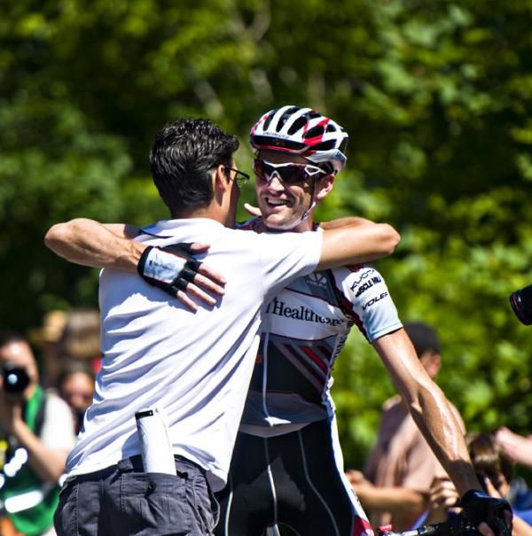 Rory Sutherland (UnitedHealthcare-Maxxis) gets congratulations from team director Mike Tamayo.