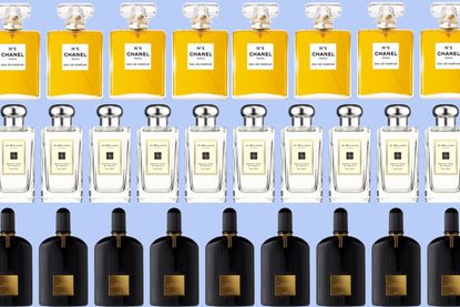 A collage of the best Cyber Monday perfume deals , including bottles of Chanel No.5, Jo Malone and Tom Ford
