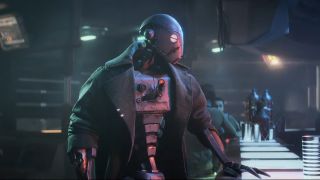 Still from the video game Star Wars Outlaws. Here we see the reprogrammed commando droid ND-5 waiting at a bar. He is a tall, humanoid (skeletal even) looking droid with a large gash on his chest showing the wires underneath. He is wearing an olive-green trench coat with a brown belt and gun on his hip. He has one hand placed on the bar.