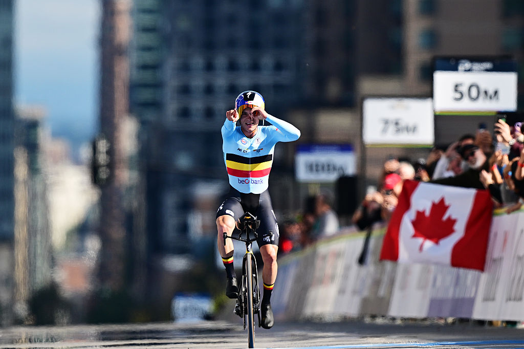 Gold medalist winner, Remco Evenepoel and Team Belgium crosses the finish line during the 99th UCI Road World Championships Montreal 2026