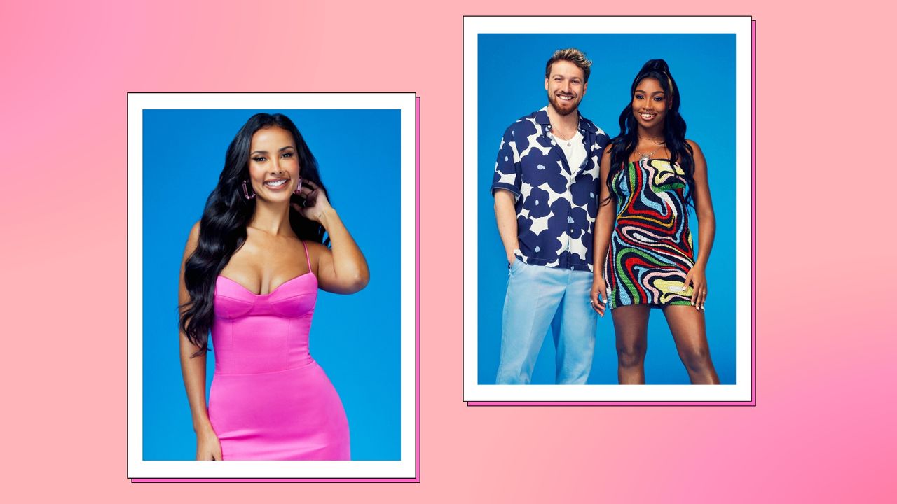 Love Island: Aftersun - Love Island&#039;s host, Maya Jama pictured alongside Sam Thompson and Indiyah Polack/ in a pink and orange template