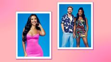 Love Island: Aftersun - Love Island's host, Maya Jama pictured alongside Sam Thompson and Indiyah Polack/ in a pink and orange template