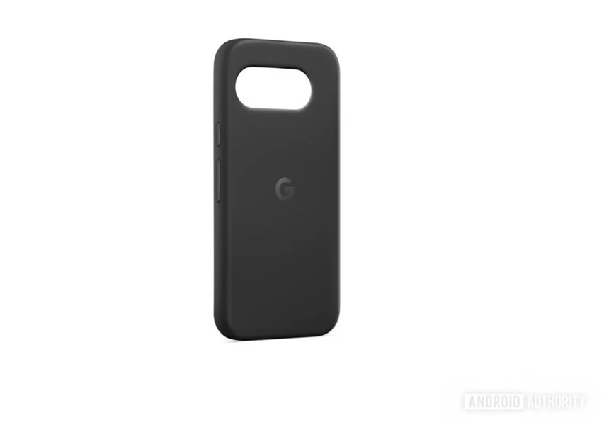 A leaked render of the black silicone case for the Pixel 9a from a side angle.