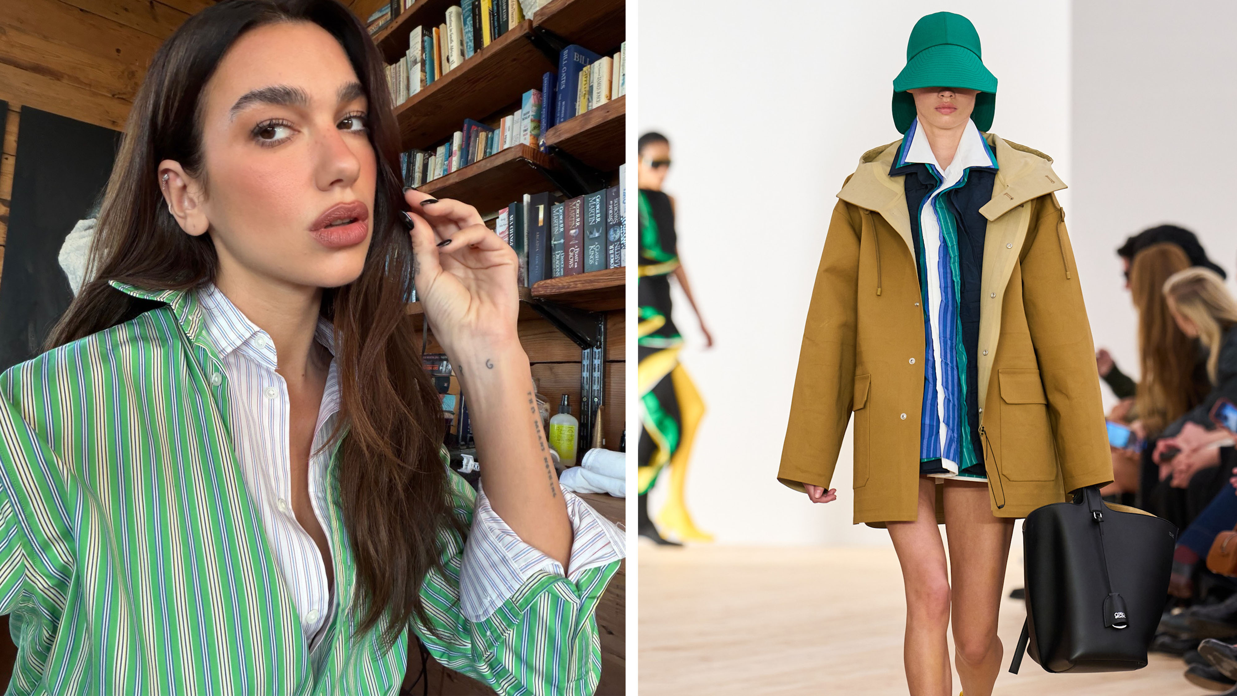Dua Lipa wearing two button-down shirts; A model on the Loewe runway wearing a layered shirt look
