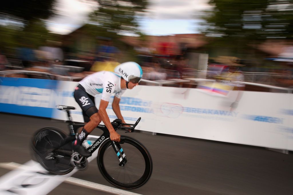 Team Sky's Sebastian Henao heads off for 34.7km around the Morgan Hill TT course on stage 4 of the 2018 Tour of California