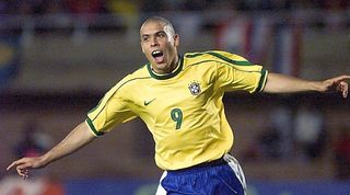 Ronaldo celebrates after scoring for Brazil against Venezuela in the Copa America in 1999.
